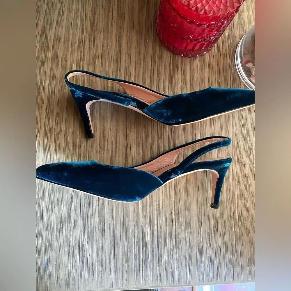 J. Crew $258 Colette Slingback D'Orsay Pumps Blue Green Dark Velvet Sz 7 NEW - Picture 4 of 7